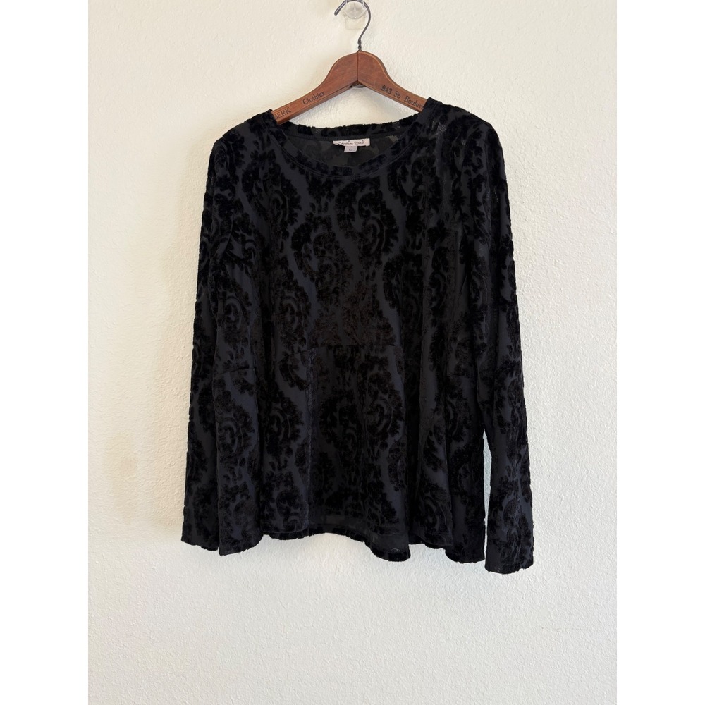 Cousin Earl Black Burnout Velvet Damask Babydoll Top Long Sleeve Womens Large